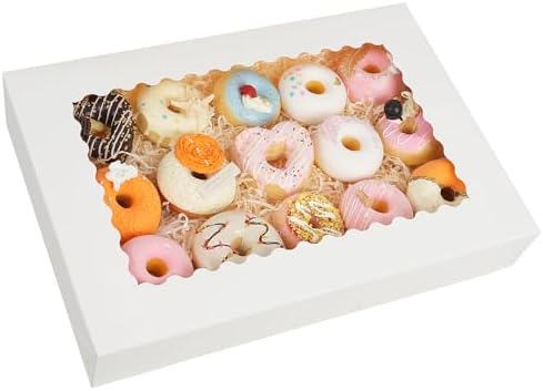 Moretoes 30pcs Cookie Boxes, 16x11x2.5 Inches Bakery Boxes with Window, White Valentine's Day Auto-Popup Cake Boxes for Pastries, Pies, Muffins, Chocolate Covered Strawberries