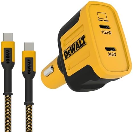 DEWALT 120W USB C Car Charger and 100W Type C Charging Cable, 2-Port PD 3.0 Type C Adapter, PPS USBC to USBC Fast Charging with Power Delivery for iPhone 15 14 13 12 11 X XS Pro Max Mini, Galaxy S22