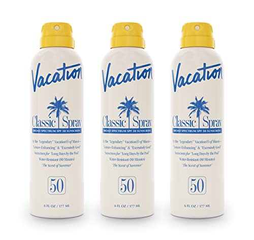 Vacation Classic Sunscreen Spray SPF 50, Water-Resistant, Lightweight, Transparent on All Skin Tones, Dermatologist-Tested, Vegan, 6 Fl. Oz. (Value Pack of 3)