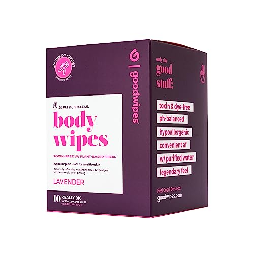 Goodwipes Body Wipes, Really Big for All Over, Made with Aloe, Plant Based and Hypoallergenic, Wipe Away Sweat and Odor, For Face and Body-Lavender, 10 Count