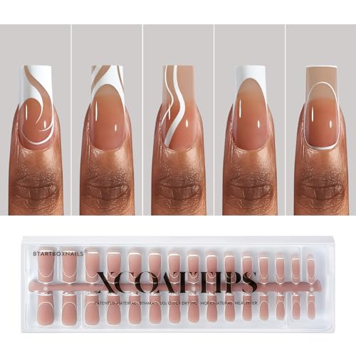 BTArtbox XCOATTIPS French Tip Nails - 5 Styles Long Square Press on Nails, Pre-Designed Swirl Nail Tips, Ultra Fit Soft Gel Nails False Nails, Soak Off Acrylic Fake Nails for Daily Nail Art DIY