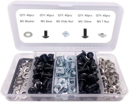 200pcs M5 T-Nuts Screws Kit for 2020 Series Aluminum Extrusion,40Pcs M5x10,40Pcs M5x8 Hexagon Socket Screws,40Pcs M5 T Sliding Nut,40Pcs M5 T Nut,40Pcs Washers (Black Nut and Screw Kits)