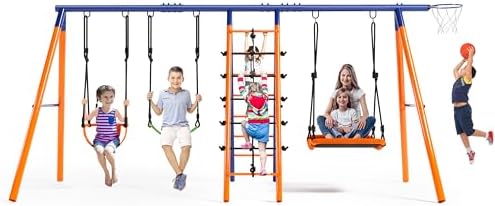 Swing Sets for Backyard 700 lbs - 6 in 1 Multifunction Swing Set Outdoor for Kids Playground, Larger Heavy Duty Metal Swing Stand with 3 Adjustable Swings, Climbing Ladder and Net, Basketball Hoop