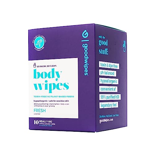 Goodwipes Body Wipes, Really Big for All Over, Made with Aloe, Plant Based and Hypoallergenic, Wipe Away Sweat and Odor, For Face and Body - V. Fresh, 10 Count