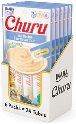 INABA Churu Cat Treats, Grain-Free, Lickable, Squeezable Creamy Purée Cat Treat/Topper with Vitamin E & Taurine, 0.5 Ounces Each Tube, 24 Tubes (4 per Pack), Tuna Recipe