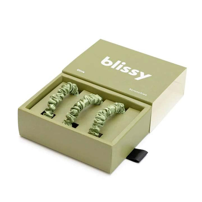 Blissy Silk Scrunchies (3 Pack) - 100% Pure Mulberry Silk - 22 Momme 6A High-Grade Fibers - Silk Scrunchie for Straight & Curly Hair (Olive, Skinny)