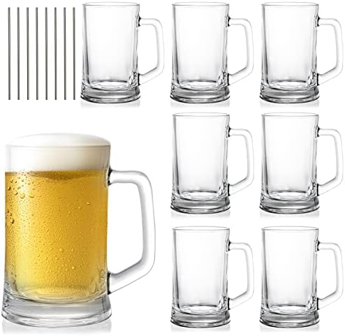 SOUJOY 8 Pack Glass Beer Mug, 12 Oz Beer Glass Stein with Handle and Straw, Clear Lead-Free Freezer Beer Cup Heavy Duty Drinking Glass for Beer, Milk, Juice, Bar, Beverages