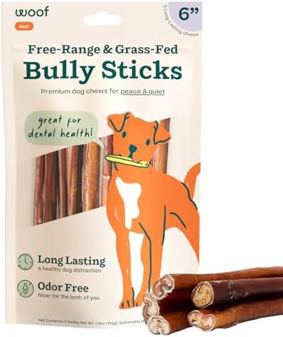 WOOF Bully Sticks Dog Treats - Chew Sticks for Dogs - Long-Lasting Dog Chew Treats - Dog Products Made with Free-Range, Grass-Fed Beef - 6" Sticks - 5pk