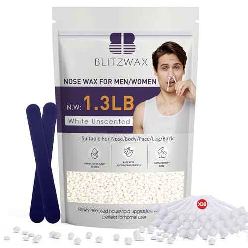 BLITZWAX Hair Removal Hard Wax Beads Unscented 1.3lb Waxing Beans Kit with 30pcs Nose Wax Sticks for Sensitive Skin, Face, Back, Body, Brazilian and Coarse Hair, Home Wax Pearls for Men Women(White)