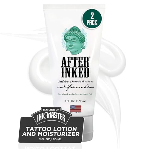 After Inked Tattoo Aftercare Lotion – Moisturizing Balm for Inked Skin, As Seen on INK MASTER – Hydrating Cream with Grape Seed Oil, Skin Nourishment & Color Enhancement – 3 Fluid oz Tube (2-Pack)