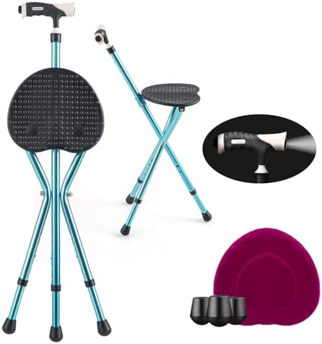 Goplus Walking Cane with Seat, Heavy Duty Aluminum Alloy Crutch Chair with LED Light and Retractable 3 Legs, Portable Anti-Slip Seat Cane, Lightweight Walking Stick for Seniors Elderly