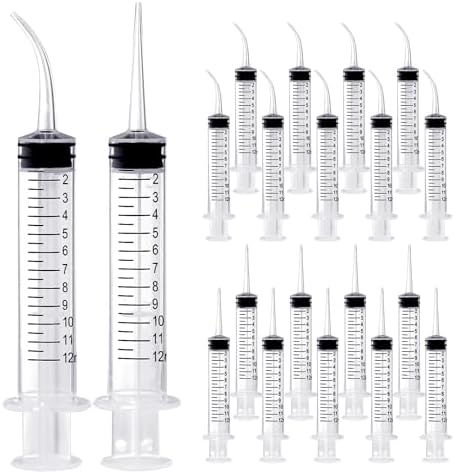 Wisdom Teeth Syringe, 12ml Dental Syringe with Curved Tip & Straight Tip, Sterile Individually Package Dental Irrigation Syringe for Oral Dental Care, Tonsil Stones Removing, Liquid, Feeding (20 Pack)