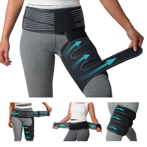 JUMPOW Hip Brace for Sciatica Pain Relief - Adjustable Compression Wrap Support, Hamstring Compression Sleeve for Arthritis, Groin Injury, Pulled Thigh, Hip Pain Relief (M Size, Left/Right Leg)