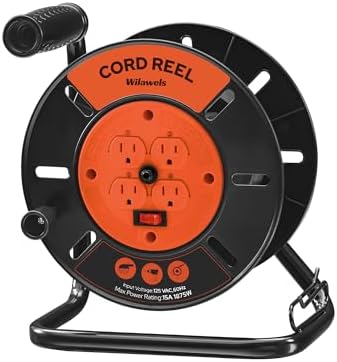 Extension Cord Storage Reel with 4-Grounded Outlets, Heavy Duty Open Cord Reel for 12/3,14/3,16/3 Gauge Power Cord, Hand Wind Retractable, 15A Circuit Breaker, ETL Listed, Orange G95CR06