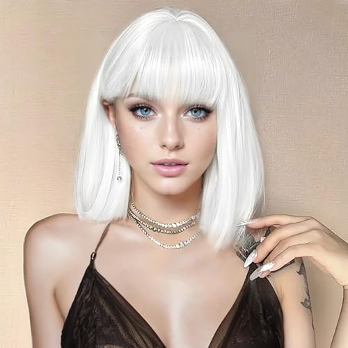 White Bob Wig with Bangs Short Straight White Wigs for Women Silver White Bob Hair Wig for Party Cosplay Daily Use（12Inch）