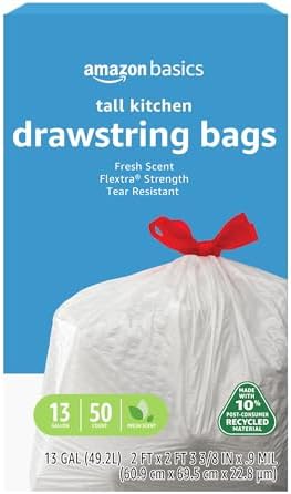 Amazon Basics Flextra Tall Kitchen Drawstring Trash Bags, 10% Post Consumer Recycled Content, Clean Fresh Scent, 13 Gallon, 50 Count, Pack of 1