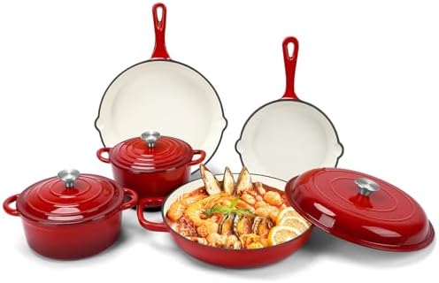 Nonstick Enameled Cast Iron Cookware Set, 8-Pcs Pots and Pans with Lid, Skillet, Frying Pan, Saucepan & Dutch Oven for All Stovetops, PFA Free - Ideal for Sourdough Bread Baking - Comes with Organizer