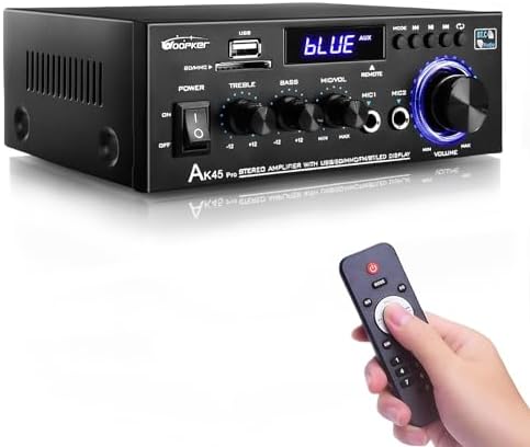 AK45 Pro Stereo Amplifier Home Audio Stereo Receivers with Bluetooth 5.0, Rated Power 50W x2, Max 400W, 2.0 Channel Audio Receiver for Home Theater Speakers w/USB/SD/RCA/2 MIC in for Karaok