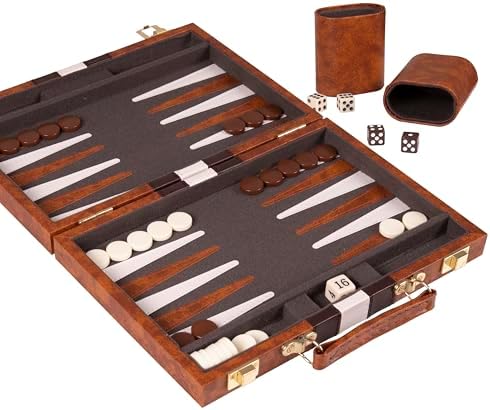 Backgammon Set - 11 inches Classic Board Game for Adults and Kids with Premium Leather Case - with Strategy & Tip Guide (Brown, Small)