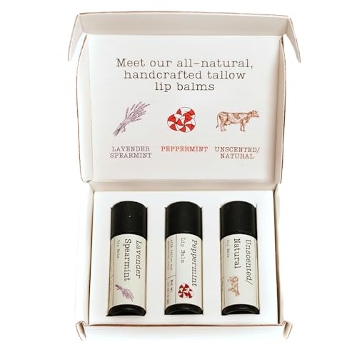 Handmade Tallow Lip Balm Collection: Unscented/Peppermint/Lavender-Spearmint (3x .33 oz)