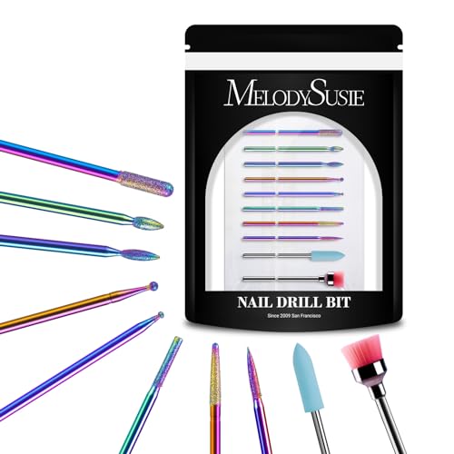 MelodySusie 10pcs Nail Drill Bits Set, 3/32 Inch Diamond Cuticle Nail Bits Kit for Nail Drill E-File, Manicure Pedicure Remover Tools for Acrylic Gel Nails, Salon Home Nail Care Supplies, Rainbow