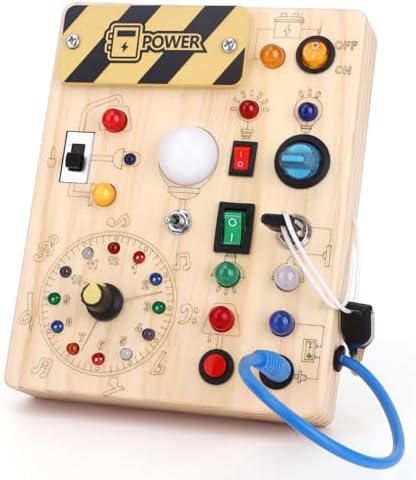 Montessori Toys Clock Wooden Busy Board with 11 LED Light switches, Tooddler Toys Sensory Toys Travel Toys for 1+ Year Old Baby and Toddler