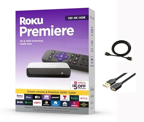 Roku 3920RW-SW Premiere - 4K/HDR Streaming Media Player, Enabled with Premium High Speed HDMI Cable & Simple Remote, Wi-Fi, with MTC USB Extension Cord and HDMI Cable