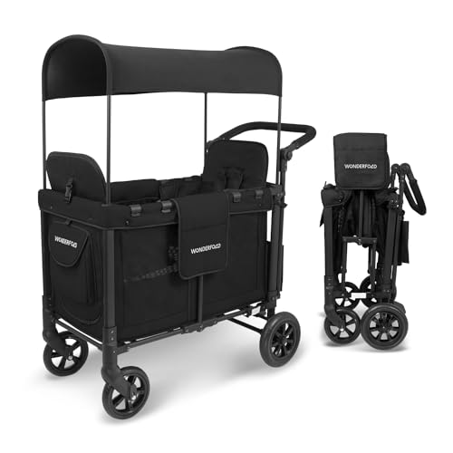 WONDERFOLD W2 Original + Stroller Wagon (2 Seater) - Collapsible Wagon Stroller with Seats with 5-Point Harnesses, Easy-Access Door, and Adjustable Sun Canopy, Black