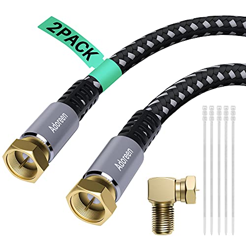 Adoreen Coaxial Cable 6 ft-2 Pack, Quad Shielded RG6 Coax Cable Cord, Male F Gold-Plated Nylon-Braided, in-Wall, Digital TV Aerial AV Antenna Satellite with 90 Degree Male to Female Adapter+15 Ties