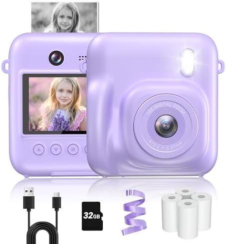 Instant Print Camera, Kids Christmas Birthday Gifts, 48MP 1080P Kids Digital Camera with Selfie Lens, Print Paper, 32GB Card, Toddle Kids Toy for 4 5 6 7 8 9 Year Old Boys Girls (Purple)