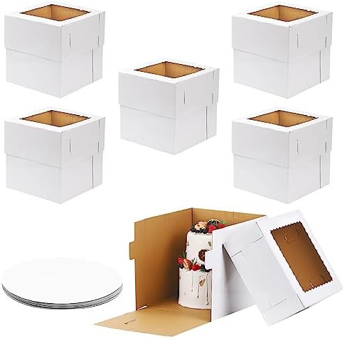 Moretoes 6 Pack 12x12x12 Inches Tall Cake Boxes with Cake Boards for Tier Cakes, Thick Sturdy Cake Box with Window for Valentine's Day, Mother's Day, Birthday, Wedding, Party