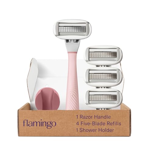 Flamingo Razors for Women, 1 Women's Razor Handle Rose), 4 Razor Five-Blade Refills, and 1 Shower Holder