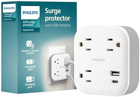 Philips EZFit 3-Outlet Surge Outlet Extender with USB, 1 USB-A, 1 USB-C, Adapter Spaced, Charging Station, 12W, 980 Joules, White - SPP9393W/37