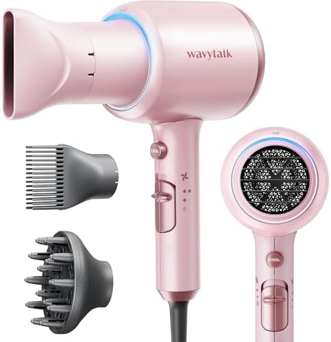 Wavytalk Professional Hair Dryer with Diffuser 1875W Power Dryer, Blow Dryer Ionic Hair Dryer for Women with Constant Temperature, Fast Drying &Low Noise, Millennial Pink
