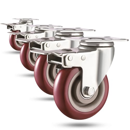 3 inch Heavy Duty Casters Load 2000lbs, Lockable Bearing Plate Caster with Brakes, 360-degree Swivel for Furniture and Workbench Cart, Set of 4 (Includes Complete Screw Set with Accessories)