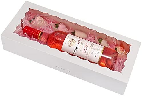 30-Pack Bakery Boxes with Window 16" x 6.5" x 3", Cookie Boxes, Auto-Popup Long Treat Boxes for Cookies, Strawberries (White)