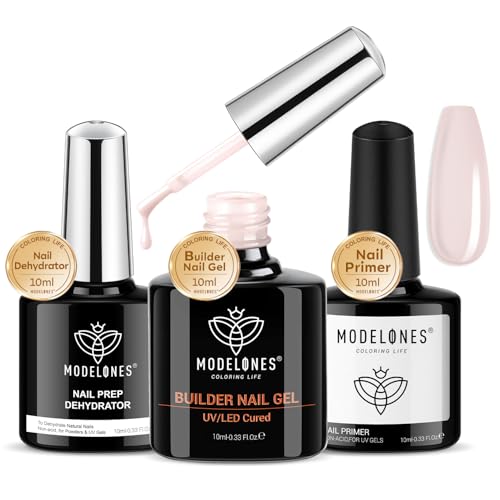 modelones Nail Dehydrator and Primer with Builder Nail Gel, 3Pcs Cover Nude Pink LED Gel Builder Nail Polish Base Coat Nail Prep Dehydrate & Bond Primer for Apex Building Nail Thickening 10ml