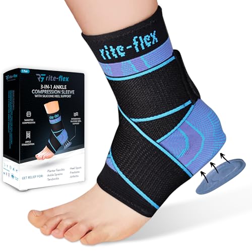 3-in-1 Ankle Compression Sleeve with Silicone Heel Pad - Ankle Brace for Sprains, Foot Fatigue, Post Surgery, Plantar Fasciitis Relief & Support (2, Large)
