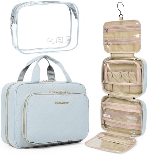 BAGSMART Toiletry Bag Hanging Travel Makeup Organizer with TSA Approved Transparent Cosmetic Bag Makeup Bag for Full Sized Toiletries, Large-Light Blue