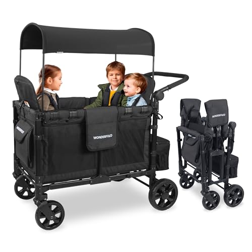 WONDERFOLD W4 Elite Stroller Wagon (4 Seater) - Collapsible Wagon Stroller with Seats with 5-Point Harnesses, Adjustable Push Handle, and Removable UV Sun Canopy, Volcanic Black