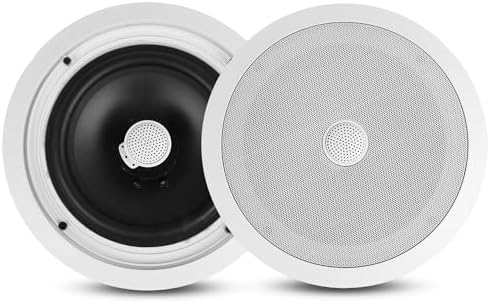 Pyle 8” Ceiling Wall Mount-Pair Of 2-Way Midbass Woofer Speaker Directable 1” Titanium Dome Tweeter Flush Design W/ 55Hz-22kHz Frequency Response & 300 Watts Peak Easy Installation- Pyle PDIC80,White