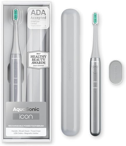 Aquasonic Icon ADA-Accepted Rechargeable Toothbrush | Magnetic Holder & Slim Travel Case | 2 Brushing Modes & Smart Timers | Gentle Micro-Vibrations (Stone)