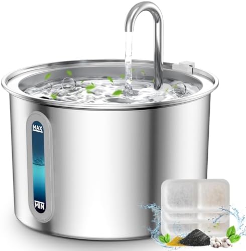 oneisall Stainless Steel Cat Water Fountain, 2L Water Fountains for Cats Indoor Dishwasher Safe with Quiet Pump and 3 Replacement Filters, Automatic Pet Water Fountain Faucet Spout Design