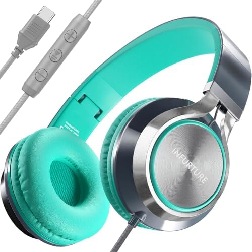 INFURTURE USB C(Type C) Wired Headphones with Mic & Volume Control,Tangle-Free Plaiting Line,Over/On-Ear Headphones,Lightweight Foldable for Smartphone,Tablet,iPhone 16/15 Series（Green-Gray）
