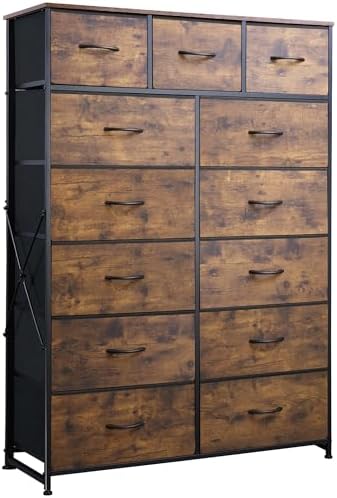 WLIVE Tall Dresser for Bedroom with 13 Drawers, Storage Dresser Organizer Unit, Fabric Dresser for Bedroom, Closet, Chest of Drawers, Steel Frame, Wood Top, Rustic Brown Wood Grain Print