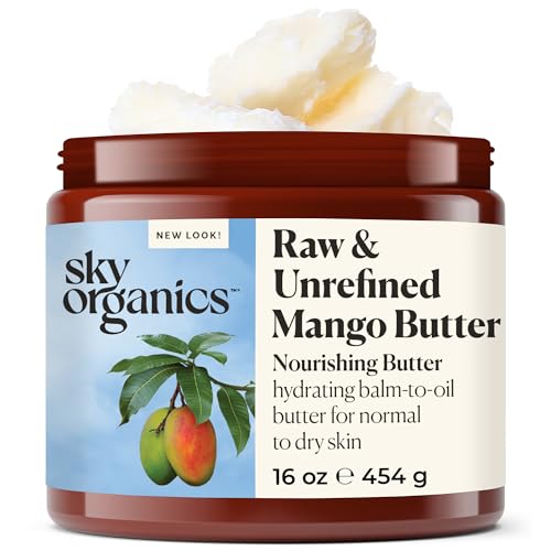 Sky Organics Mango Butter for Body & Face, 100% Raw and Unrefined Nourishing Butter for Light, Daily Hydration and Promotes Soft, Smooth, Heathy-Looking Skin, Suitable for Normal to Dry Skin, 16 Oz.