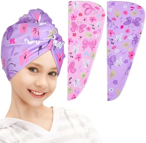 FIOBEE Microfiber Hair Towel Wrap for Kid Rapid Drying Towel Absorbent Hair Turbans for Wet Hair with Button Women Girls Long Curly Hair Pack of 2, Pink/Purple Butterfly