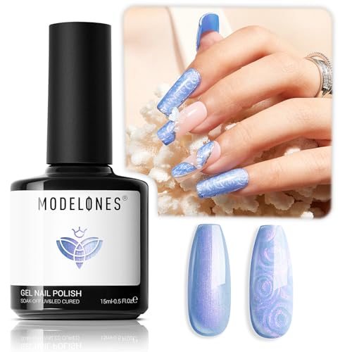 modelones Pearl Gel Nail Polish, 15 ML Shimmer Pearl White Blue Mermaid Nail Drawing Gel Polish Soak Off Uv Led Pearlescent Gel Polish Swirl Shell Thread Effect DIY Manicure Gift for Girls Women