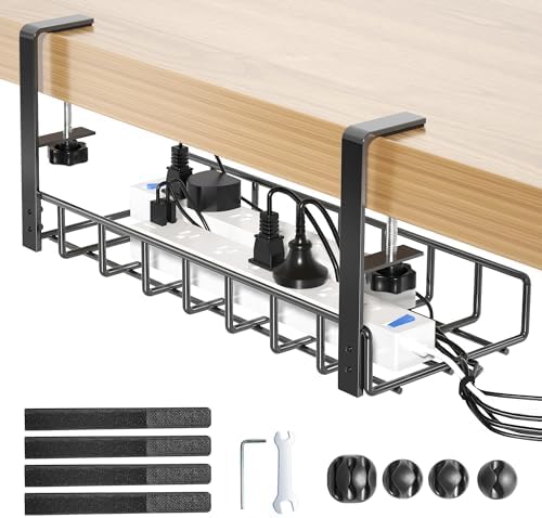 Under Desk Cable Management Tray 1 Pack, Xpatee Upgraded Wire Management No Drill, Cable Tray with Clamp for Desk Wire Management, Computer Cable Rack for Office, Home - No Damage to Desk (black)