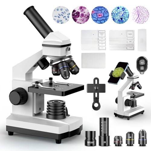 PalliPartners Compound Microscope for Adults & Kids - 100X-2000X High-Power Biological Microscope for Students, School Lab & Home Education, with Slides Set & Phone Adapter (White)